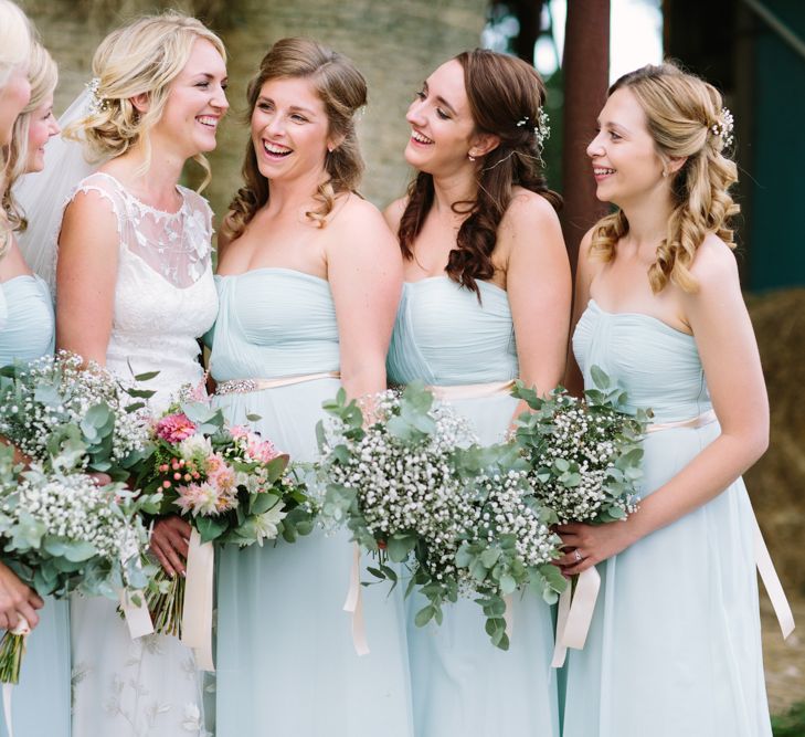 Bridal Party | Bride in Claire Pettibone Whitney Bridal Gown with Cape | Pale Blue Bridesmaid Dresses | DIY Country Wedding at Warborne Farm, Lymington | Camilla Arnhold Photography