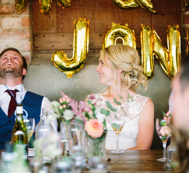 Wedding Reception Speeches | Bride in Claire Pettibone Whitney Bridal Gown with Cape | Groom in French Connection Navy Suit | DIY Country Wedding at Warborne Farm, Lymington | Camilla Arnhold Photography