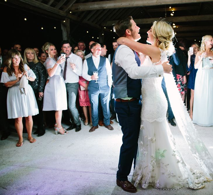 First Dance | Bride in Claire Pettibone Whitney Bridal Gown with Cape | Groom in French Connection Navy Suit | DIY Country Wedding at Warborne Farm, Lymington | Camilla Arnhold Photography