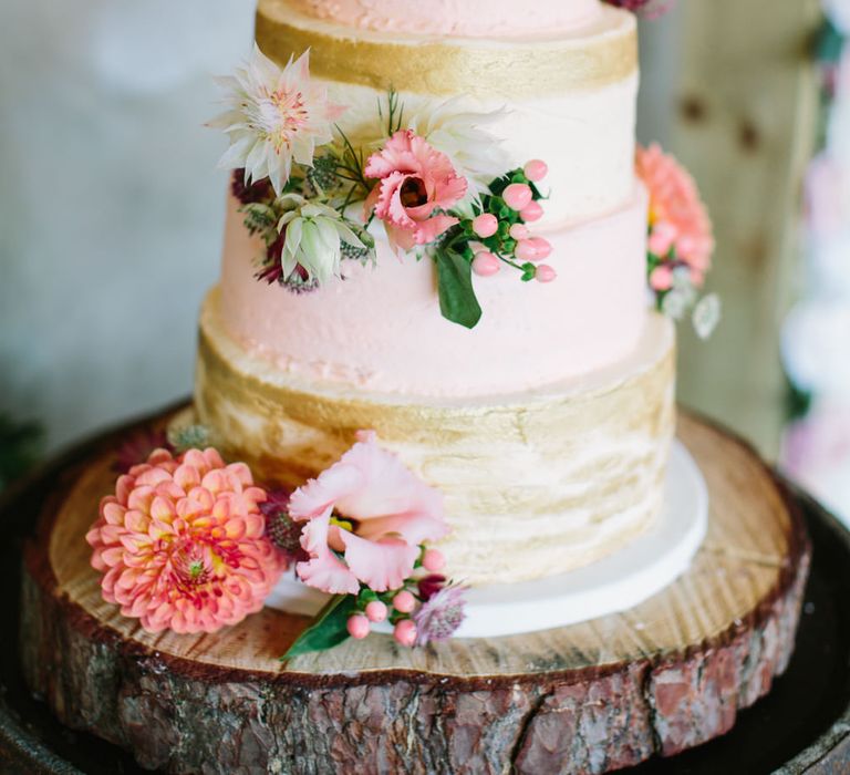 Pink &amp; Gold Wedding Cake | DIY Country Wedding at Warborne Farm, Lymington | Camilla Arnhold Photography