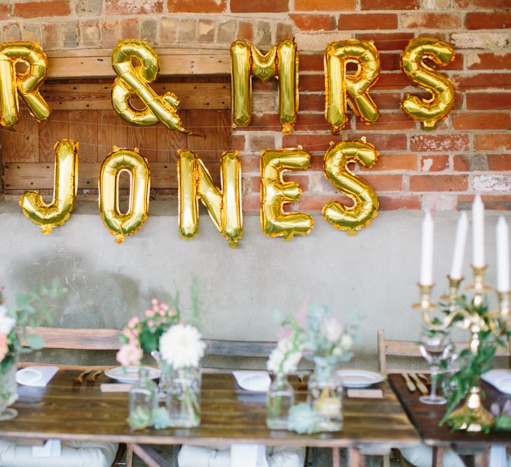 Gold Foil Balloons | Top Table Wedding Decor | DIY Country Wedding at Warborne Farm, Lymington | Camilla Arnhold Photography