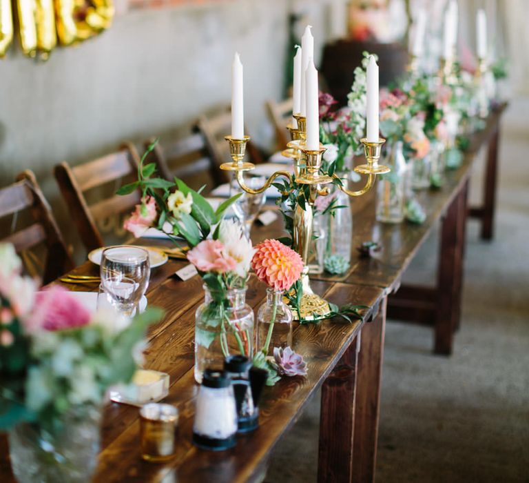 Candelabra Top Table Wedding Decor | DIY Country Wedding at Warborne Farm, Lymington | Camilla Arnhold Photography