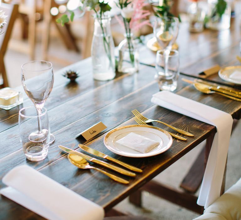 Gold Cutlery Place Setting | DIY Country Wedding at Warborne Farm, Lymington | Camilla Arnhold Photography