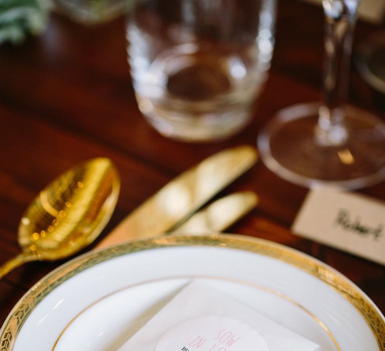 Gold Cutlery Place Setting | DIY Country Wedding at Warborne Farm, Lymington | Camilla Arnhold Photography