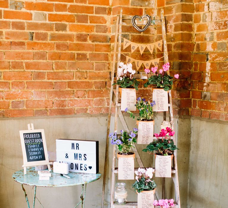 Vintage Step Ladder Table Plan | Light Box | DIY Country Wedding at Warborne Farm, Lymington | Camilla Arnhold Photography