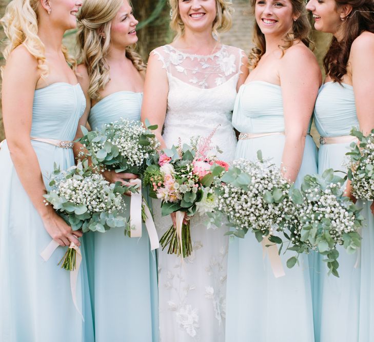 Bridal Party | Bride in Claire Pettibone Whitney Bridal Gown with Cape | Pale Blue Bridesmaid Dresses | DIY Country Wedding at Warborne Farm, Lymington | Camilla Arnhold Photography