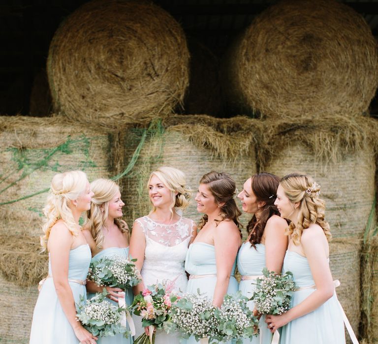 Bridal Party | Bride in Claire Pettibone Whitney Bridal Gown with Cape | Pale Blue Bridesmaid Dresses | DIY Country Wedding at Warborne Farm, Lymington | Camilla Arnhold Photography