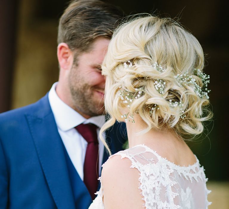 Bride in Claire Pettibone Whitney Bridal Gown with Cape | Groom in French Connection Navy Suit | DIY Country Wedding at Warborne Farm, Lymington | Camilla Arnhold Photography