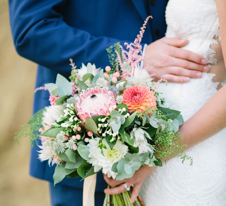 Romantic Protea Wedding Bouquet | DIY Country Wedding at Warborne Farm, Lymington | Camilla Arnhold Photography