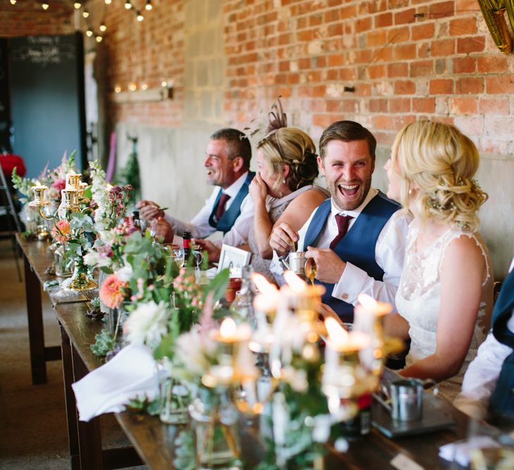 Wedding  Reception Speeches | Bride in Claire Pettibone Whitney Bridal Gown with Cape | Groom in French Connection Navy Suit | DIY Country Wedding at Warborne Farm, Lymington | Camilla Arnhold Photography