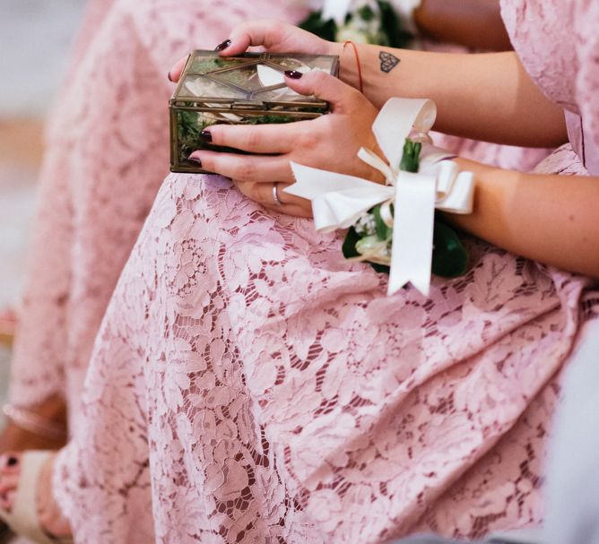 Wedding Ceremony | Bridesmaids in Lace Pink Dresses | Stylish Pink Wedding at Terzo di Danciano, Tuscany, Italy | Lucrezia Senserini Photography | Film by Righi Photography