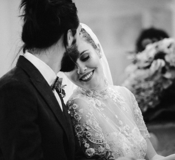 Wedding Ceremony | Bride in Sartoria Cucciaioni Wedding Dress | Groom in Brown Tweed Suit &amp; Bow Tie | Stylish Pink Wedding at Terzo di Danciano, Tuscany, Italy | Lucrezia Senserini Photography | Film by Righi Photography