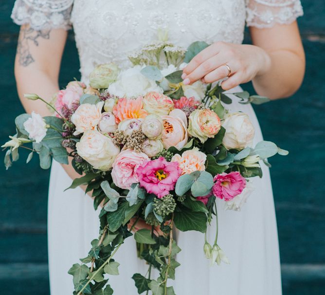 Blush Pink, Peach &amp; White Bridal Bouquet | Bride in Sartoria Cucciaioni Wedding Dress | Stylish Pink Wedding at Terzo di Danciano, Tuscany, Italy | Lucrezia Senserini Photography | Film by Righi Photography