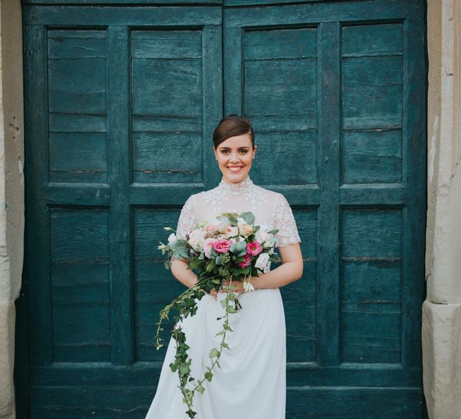 Bride in Sartoria Cucciaioni Wedding Dress | Blush Pink, Peach &amp; White Bridal Bouquet | Stylish Pink Wedding at Terzo di Danciano, Tuscany, Italy | Lucrezia Senserini Photography | Film by Righi Photography