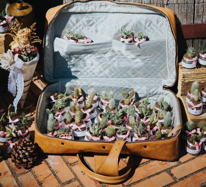 Vintage Suitcase Filled with Succulent Wedding Favours | Stylish Pink Wedding at Terzo di Danciano, Tuscany, Italy | Lucrezia Senserini Photography | Film by Righi Photography