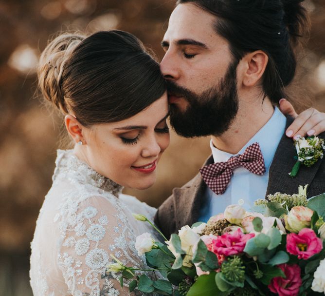 Bride in Sartoria Cucciaioni Wedding Dress | Groom in Brown Tweed Suit &amp; Bow Tie | Stylish Pink Wedding at Terzo di Danciano, Tuscany, Italy | Lucrezia Senserini Photography | Film by Righi Photography