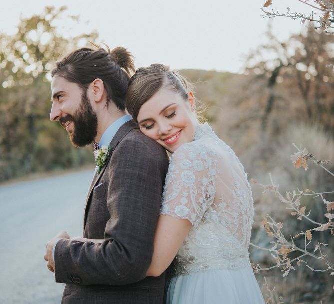 Bride in Sartoria Cucciaioni Wedding Dress | Groom in Brown Tweed Suit &amp; Bow Tie | Stylish Pink Wedding at Terzo di Danciano, Tuscany, Italy | Lucrezia Senserini Photography | Film by Righi Photography