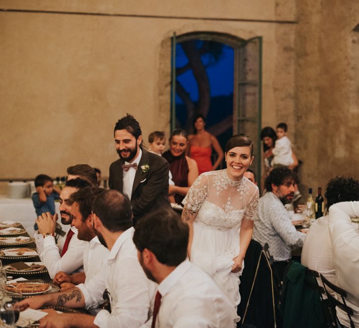 Bride in Sartoria Cucciaioni Wedding Dress | Groom in Brown Tweed Suit &amp; Bow Tie | Stylish Pink Wedding at Terzo di Danciano, Tuscany, Italy | Lucrezia Senserini Photography | Film by Righi Photography