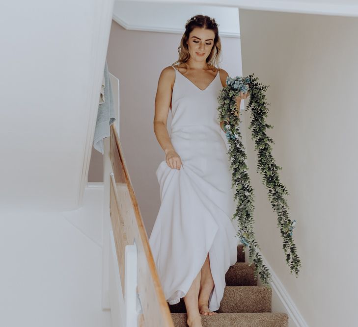 Bride in Slip Wedding Dress with Floral Garland Alternative Wedding Bouquet