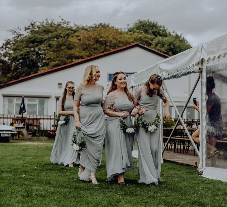 Bridesmaids in Grey ASOS Dresses with Flower Hoops