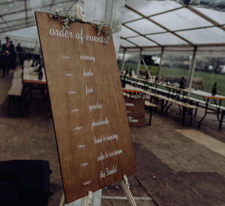 Wooden Order of The Day Wedding Sign with White Calligraphy