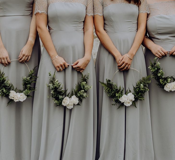 Bridesmaids in Grey Dresses Holding DIY Green &amp; White Hoop Bouquets