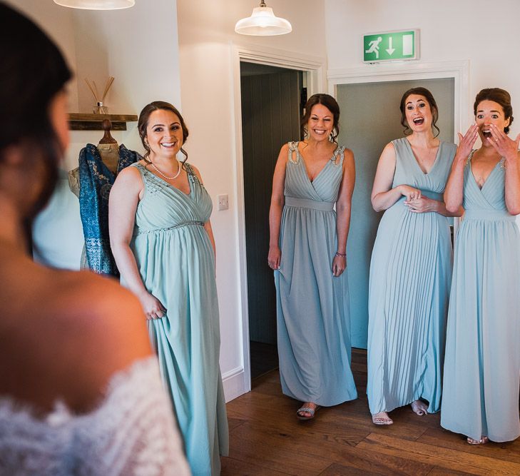 Bridesmaids in Sage Green Dresses with Embellished Straps from ASOS | Smoke Bombs and Chinese Paper Fans Backdrop with Bride in Bardot Dress | Twig &amp; Vine Photography