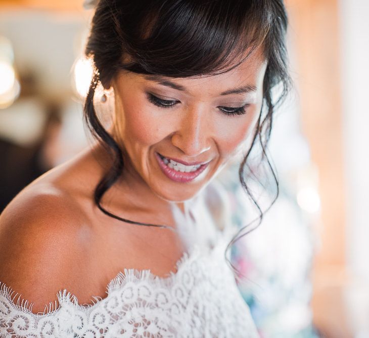 Bride in Lace Watters Dress with Bardot Neckline and Buttons Down Back | Bridal Up Do | Smoke Bombs and Chinese Paper Fans Backdrop with Bride in Bardot Dress | Twig &amp; Vine Photography