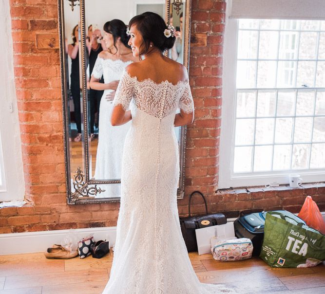 Bride in Lace Watters Dress with Bardot Neckline and Buttons Down Back | Bridal Up Do | Smoke Bombs and Chinese Paper Fans Backdrop with Bride in Bardot Dress | Twig &amp; Vine Photography