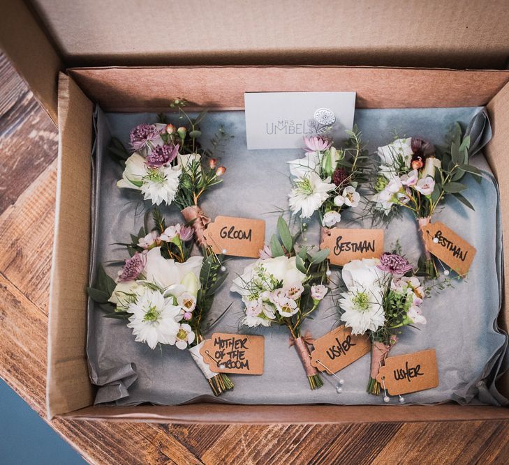 Dusty Pink and White Buttonholes Wrapped with Cappuccino Silk Ribbon | Smoke Bombs and Chinese Paper Fans Backdrop with Bride in Bardot Dress | Twig &amp; Vine Photography