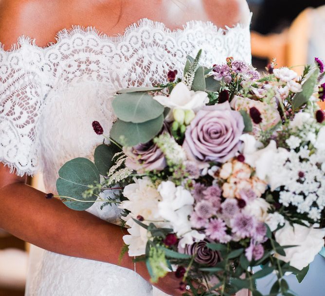 Bride in Lace Watters Dress with Bardot Neckline and Buttons Down Back | Bridal Bouquet of Dusky Pink Roses, White Peonies, Sweetpeas, Coffee-Coloured Phlox and Foliage Tied with Cappuccino Silk Ribbon | Smoke Bombs and Chinese Paper Fans Backdrop with Bride in Bardot Dress | Twig &amp; Vine Photography