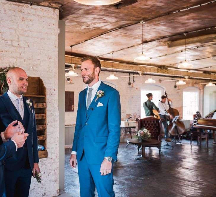 Groom in Royal Blue Three-Piece Suit from Moss Bros. with Silver Tie and Pocket Square from T.M.Lewin | Smoke Bombs and Chinese Paper Fans Backdrop with Bride in Bardot Dress | Twig &amp; Vine Photography