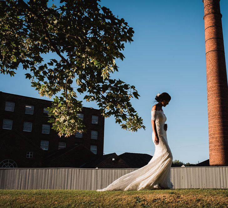 Bride in Lace Watters Dress with Bardot Neckline and Buttons Down Back | Bridal Up Do | Smoke Bombs and Chinese Paper Fans Backdrop with Bride in Bardot Dress | Twig &amp; Vine Photography