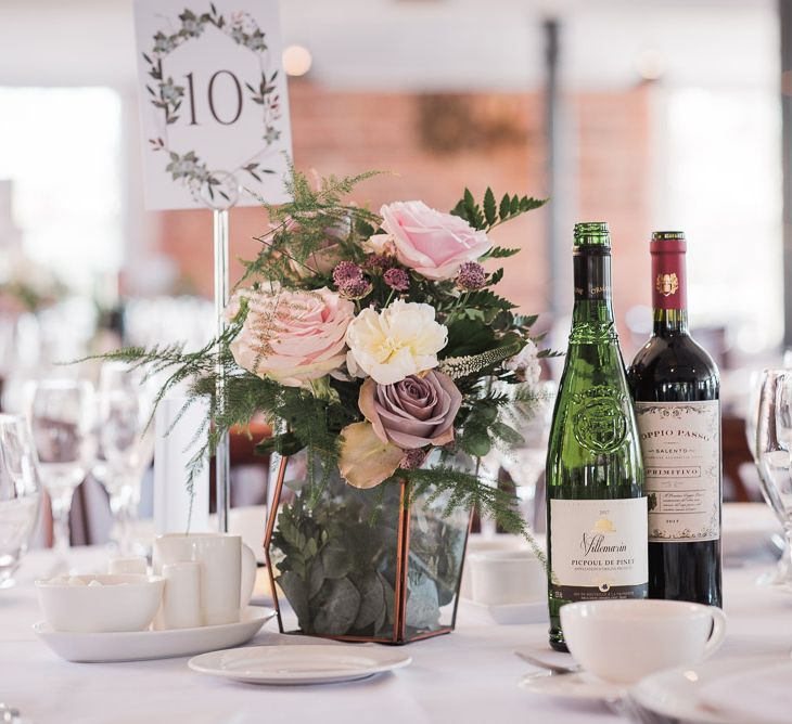 Copper Terranium Filled with Dusky Pink Roses, White Peonies, Sweetpeas, Coffee-Coloured Phlox and Foliage | Wedding Reception at The West Mill | Smoke Bombs and Chinese Paper Fans Backdrop with Bride in Bardot Dress | Twig &amp; Vine Photography