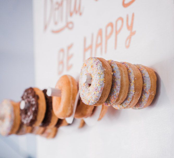 DIY Doughnut Wall with Krispy Kremes | Smoke Bombs and Chinese Paper Fans Backdrop with Bride in Bardot Dress | Twig &amp; Vine Photography