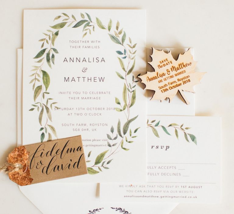 Rustic Wedding Invitations with Wooden Leaf Save The Date , Kraft Name tags and Printed Envelopes