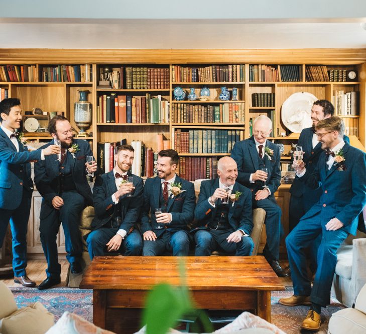 Groomsmen Wedding Party Before Ceremony Wearing Navy Tweed Suits