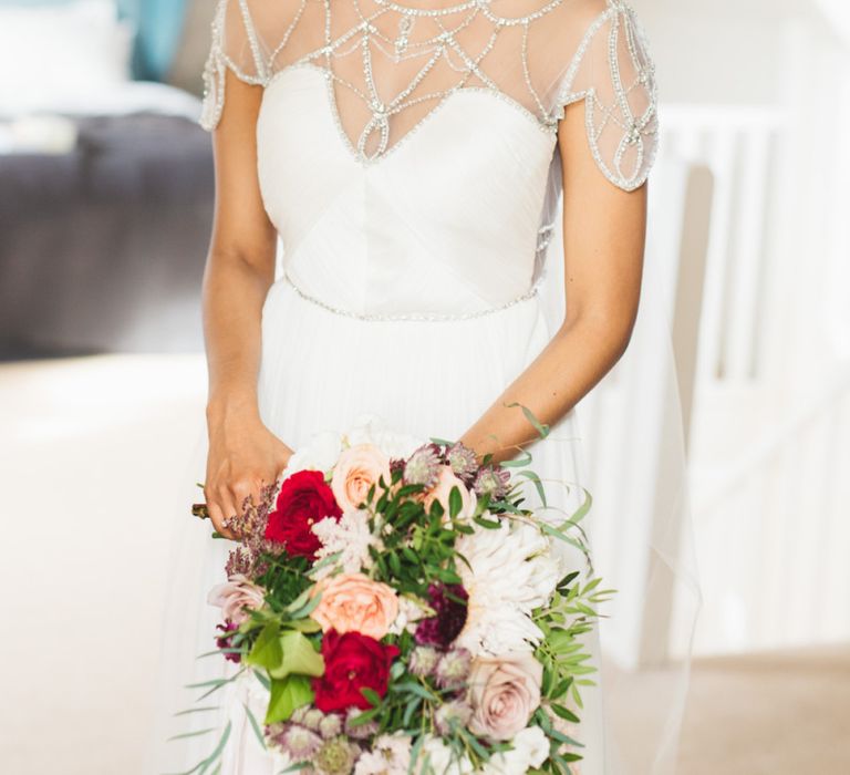 Catherine Deane Wedding Dress with Sweetheart Neckline and Opaque Capped Sleeve with Beading Detail