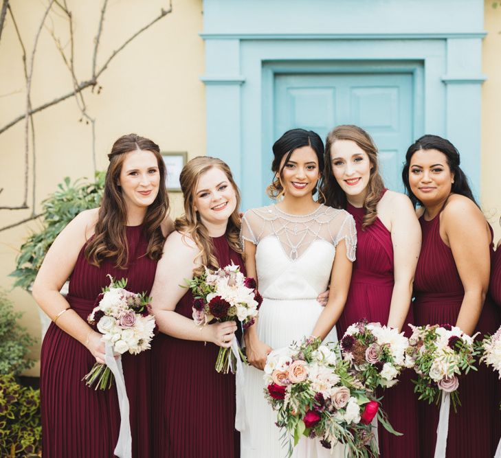 Bridesmaids Wearing Red Bridesmaid Dresses from TNFC