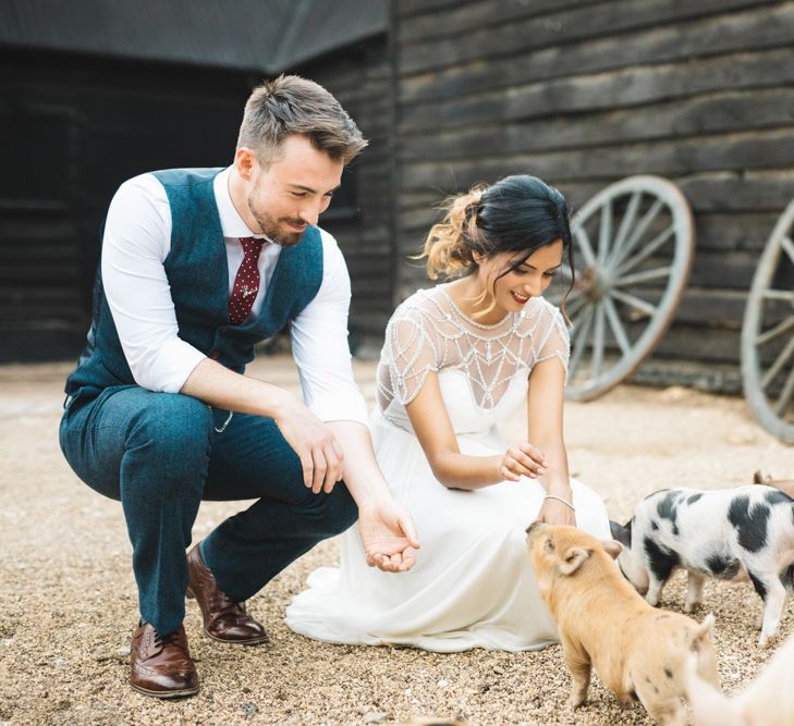 Bride and Groom Meeting the Farm Animals on their Wedding Day