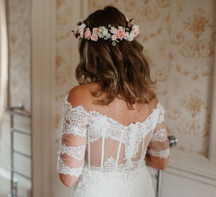 Boho Lace  Off the Shoulder Wedding Dress Back  with Flower Crown