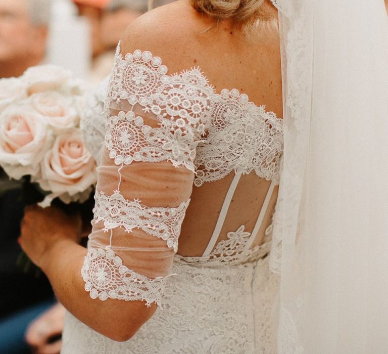 Lace Detail on Bardot Boho Bride Dress