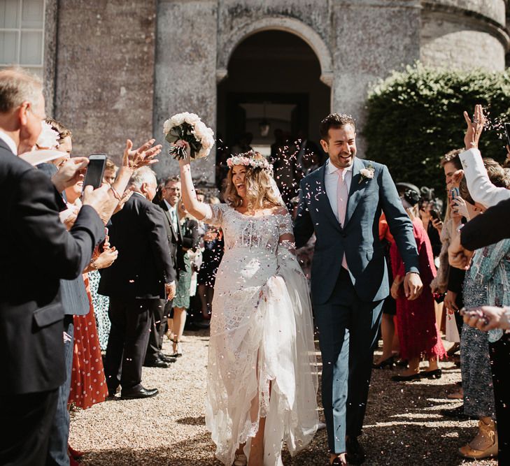 Confetti Exit Portrait with Lace Bride Dress