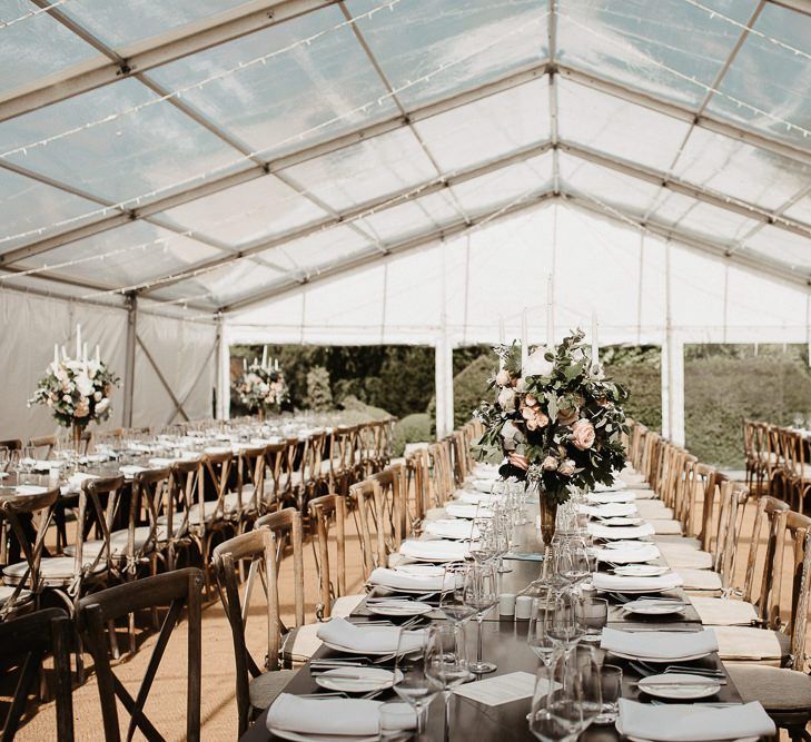 Marquee Reception with Long Tables and Tall Centrepieces