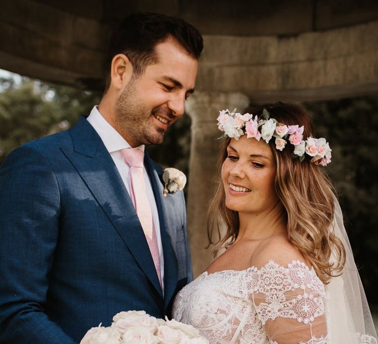 Bride Dress with Lace Detail, Blush Bouquet and Pink Flower Crown