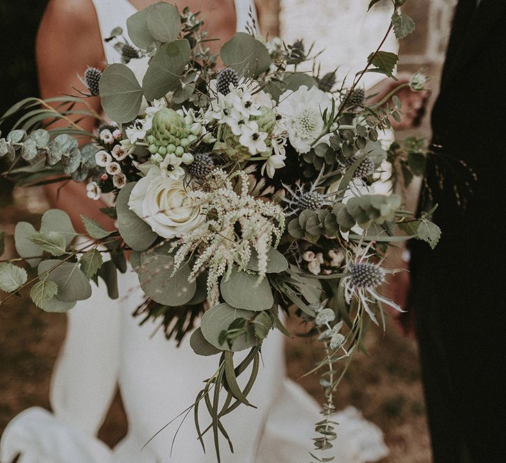 Green and White Wedding Bouquet with Roses and Eucalyptus