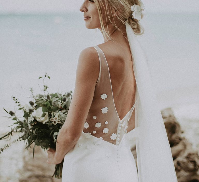 Bride in Fitted Rime Arodaky Wedding Dress with Lace Back