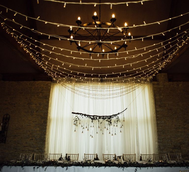 Fairy light canopy for Oxfordshire barn wedding venue