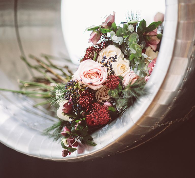 Blush Pink &amp; Red Bridal Bouquet | Christmas, Winter Wedding at Coltsfoot Country Retreat | Lemonade Pictures