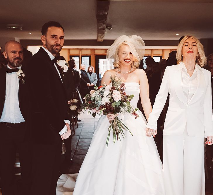 Wedding Ceremony | Bridal Entrance in Organza Justin Alexander Gown | Mother of the Bride in White Suit | Blush Pink &amp; Red, Christmas, Winter Wedding at Coltsfoot Country Retreat | Lemonade Pictures